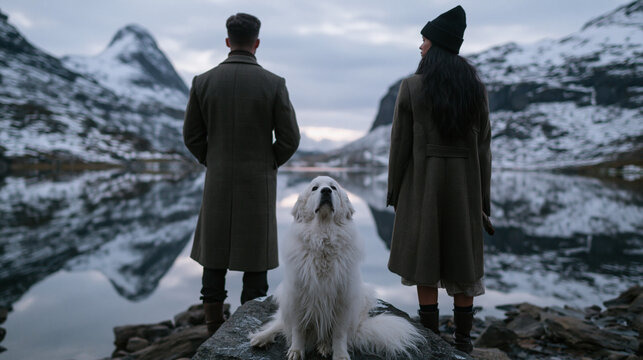 Couple with White Dog Standing near Mountain Lake in Winter