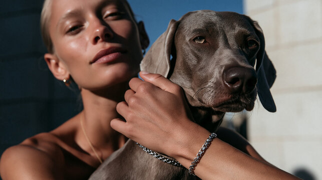 Young Woman Embracing Weimaraner Dog Outdoors in Sunlight