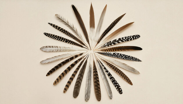 A radial arrangement of various bird feathers in different shades of brown, grey, and white, fanned out in a circle on a light beige background