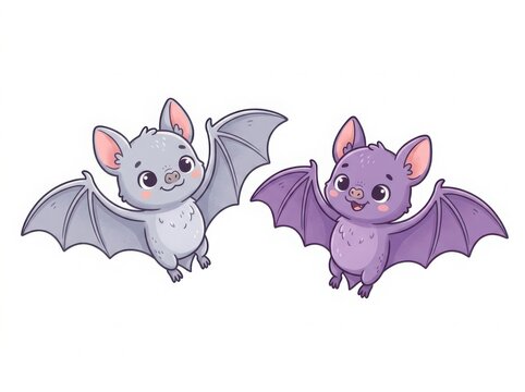 Two cute cartoon bats flying with happy expressions for halloween isolated on white background
