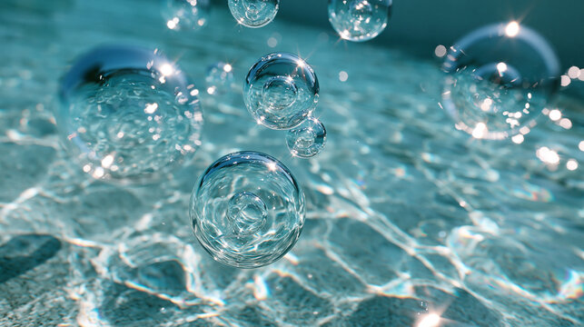 Clear Water Bubbles Floating Over Bright Turquoise Surface