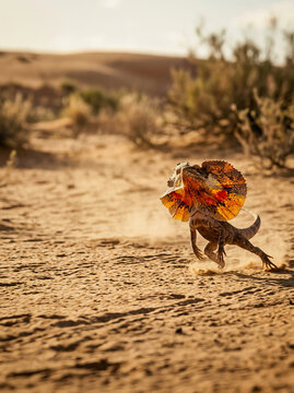 Male frilled lizard displays vibrant orange fan while running across sandy desert terrain with sparse vegetation in background