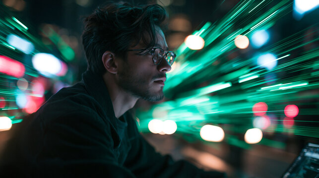 Young Tech Professional Focused on Screen with Speed Light Trails