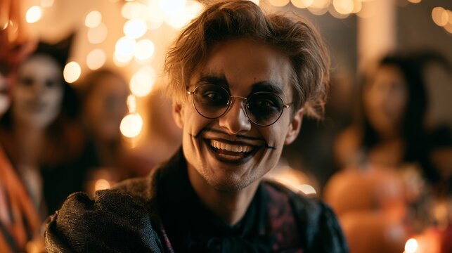 Man in costume smiling at the camera at a Halloween party.