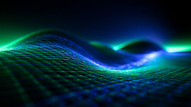 Futuristic Digital Data Grid Wave in Glowing Blue and Green