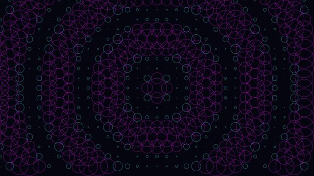 Abstract cellular interference pattern with purple and blue glowing circles on black background