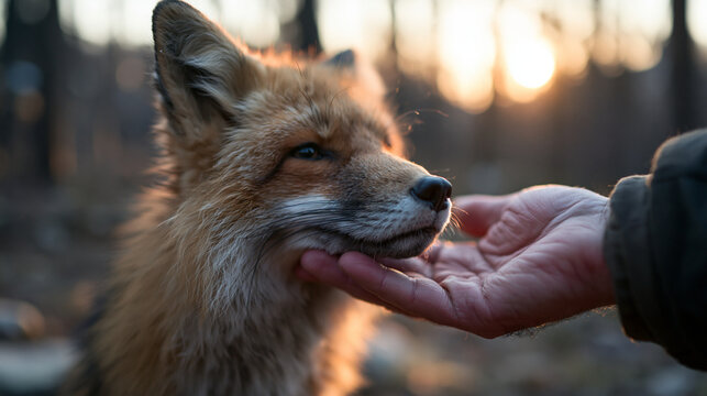Human Hand Gently Stroking Wild Red Fox in Forest