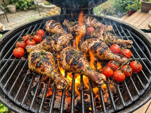 Grilled chicken legs with red cherry tomatoes cooking on a hot outdoor barbecue grill with flames and glowing charcoal embers