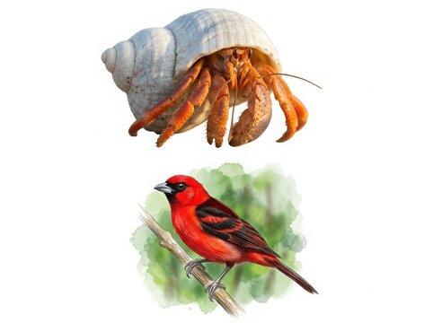A detailed illustration of a hermit crab with a shell and a vibrant red cardinal bird perched on a green branch isolated on white background
