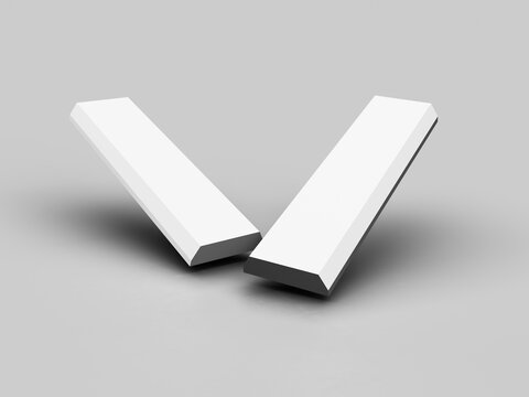 Two white blank rectangular product packaging boxes arranged in a V shape on a grey background for branding mockup
