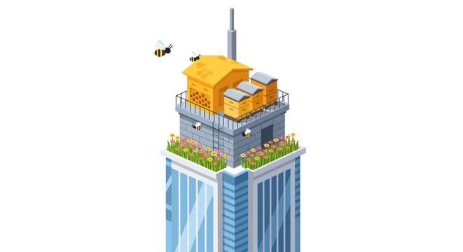 Isometric Illustration of Urban Beekeeping on a Skyscraper Rooftop with Beehives, Honeycombs, and Garden. Concept for Sustainable Cities and Biodiversity.