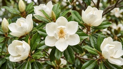 Fototapeta premium Close up view of blooming white magnolia flowers with lush green leaves on a tree branch in a garden setting during the spring season time