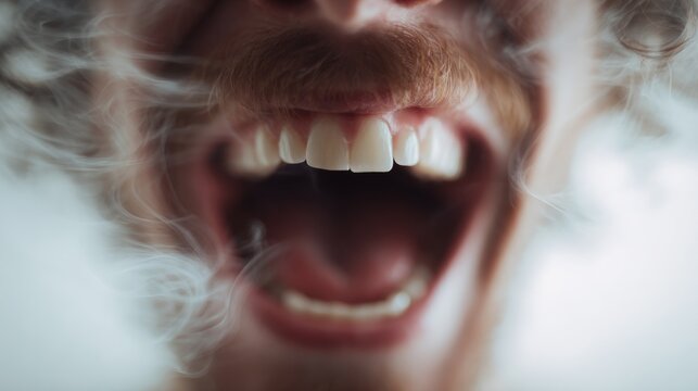 Man's wide open mouth with smoke and mustache