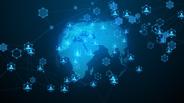 Global digital network visual featuring connected user profile icons and geometric honeycomb structures surrounding a glowing digital Earth map for technology, business and big data concepts