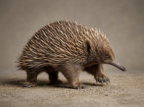 A cute short beaked echidna walking on the ground