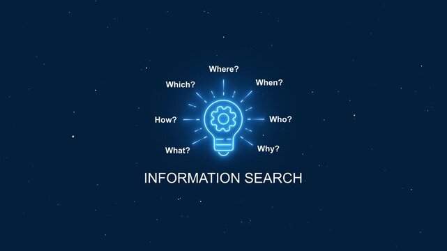 Information search concept with glowing light bulb and gear animation research data analysis