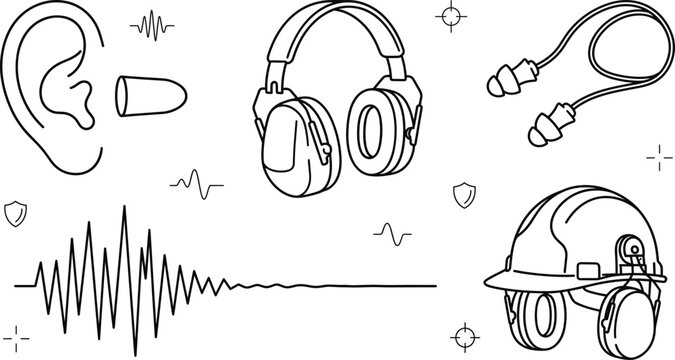 Hearing protection line icon vector set showing noise reduction earmuffs earplugs hard hat safety helmet and sound wave