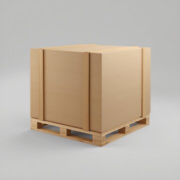 Heavy duty wooden crate and cardboard box packaging on a pallet isolated on a clean white background.