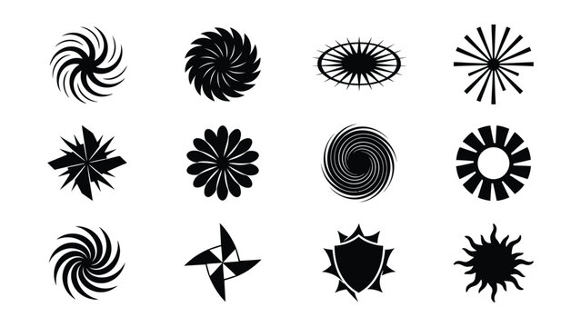 Black geometric spiral and starburst abstract vector icons