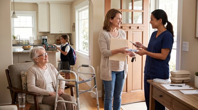 Caregiving as coordination appears when professional and relative review routines, medicine and comfort needs before responsibility shifts inside the family home each day.