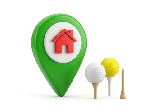 3d icon of a green house location pin with golf balls and wooden tees representing a real estate property near a golf course isolated on white background
