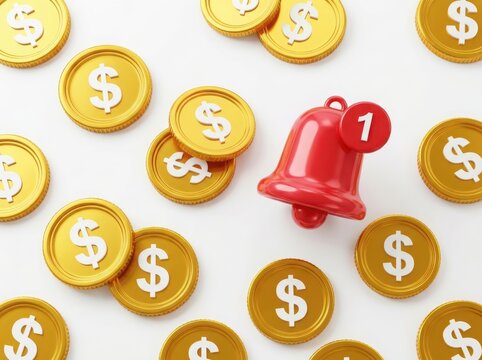 Red notification bell icon with a number one surrounded by many golden dollar coins representing financial alerts and banking isolated on white background