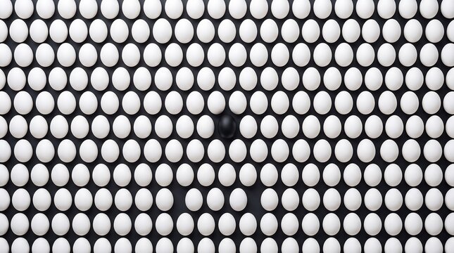 White eggs with one black egg in center. Unique concept of standing out from the crowd.