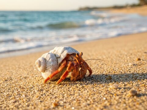 A small hermit crab walking on the wet sand of a tropical beach by the turquoise ocean water during a sunny day