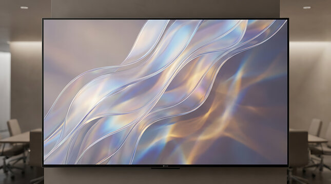 Large digital screen display showing abstract flowing glass art in a modern boardroom