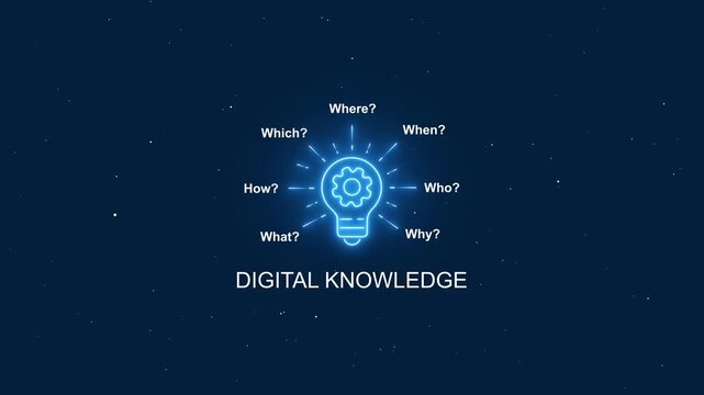 Digital knowledge concept: glowing light bulb infographic with gear and question prompts for business innovation and education