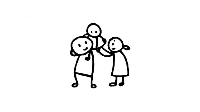 Hand drawn 4K family time with baby on shoulders doodle animation with boiling line effect. Frame by frame outline on black and green screen backgrounds, perfect for father child bonding, fun.
