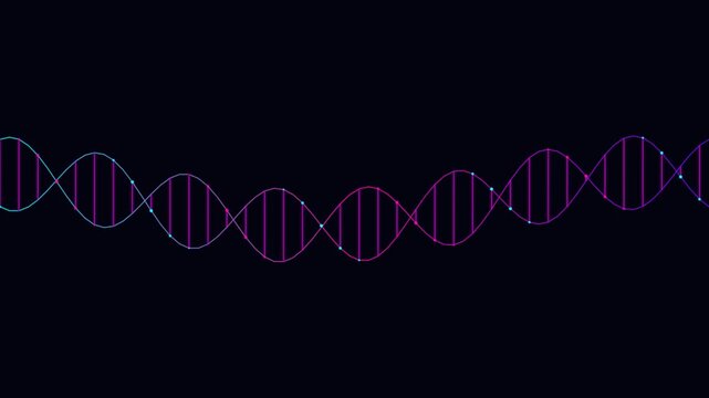 Abstract digital representation of DNA double helix strands with wave motion on black