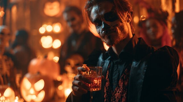 Man in costume smiling at the camera at a Halloween party.