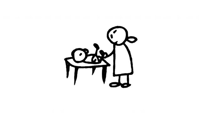 4K animated mother changing baby diaper doodle icon featuring boiling line motion. Frame by frame line art on black and green screen chroma key background for parenting care, infant hygiene.