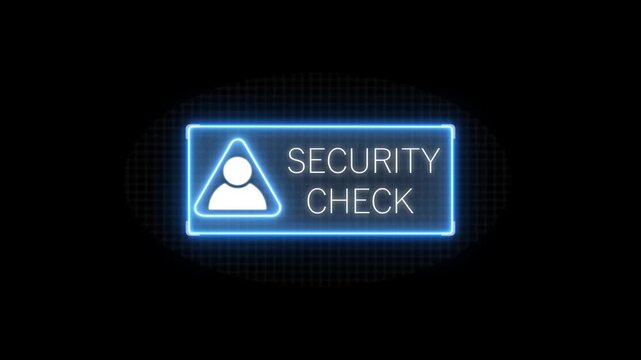 Blue neon SECURITY CHECK animation with white user profile icon, glowing rectangular frame and oval digital grid halo, ideal for cybersecurity and futuristic UI.