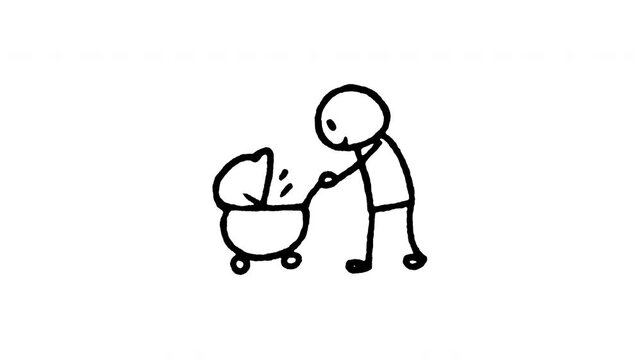 4K hand drawn parent pushing baby stroller icon with boiling line effect. Features frame by frame doodle style on black and green screen background for outdoor walk, pram push, parenting care.