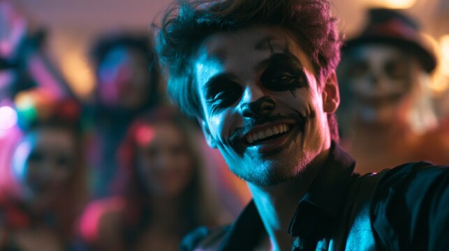 Man in costume smiling at the camera at a Halloween party.