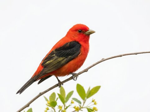 A vibrant scarlet tanager bird with bright red feathers and black wings perched on a thin tree branch with green leaves isolated on white background