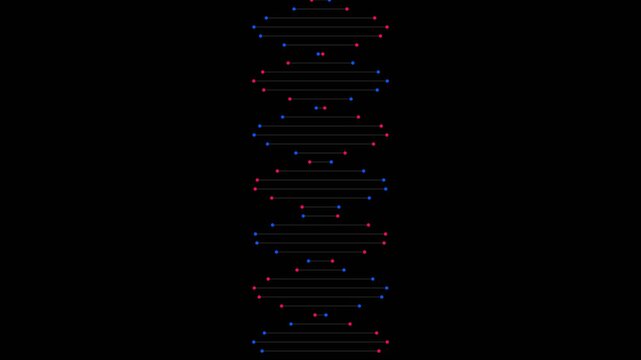 Abstract double helix DNA structure with red and blue pulsating particles on black background