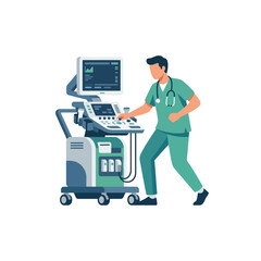 Fototapeta premium A male medical professional in green scrubs operates a portable ultrasound diagnostic machine in a flat vector illustration style.