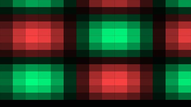 Abstract financial heatmap with red and green glowing pixel squares for stock market data.