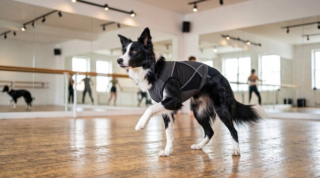 Border Collie dog as a modern dancer in a studio. Canine wearing a performance outfit standing on a wooden floor with mirrors