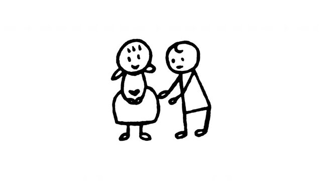 animated 4k pregnant woman with husband support doodle icon with line boil effect. hand drawn line art on black and green screen backgrounds for couple pregnancy care, family love, expecting baby.