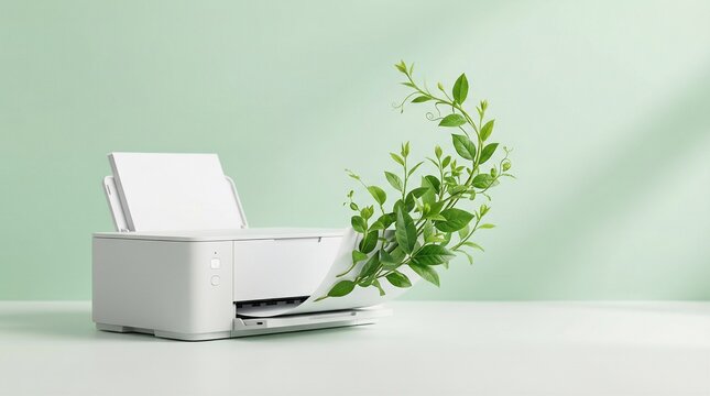 White inkjet printer with lush green plant emerging, symbolizing sustainable and eco-friendly technology for responsible printing and a greener future