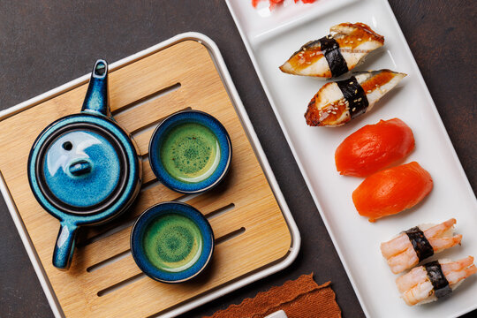 Sushi set with tea and small teapot