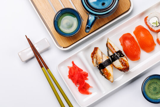 Sushi set with tea and small teapot