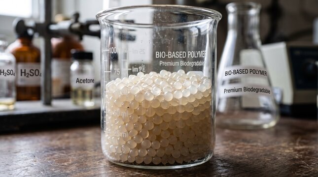 Beaker filled with bio-based polymer pellets in a chemistry laboratory setting.
