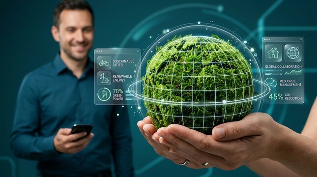Hands holding eco-friendly moss globe for World Mental Health Day. Sustainable nature sphere symbolizing wellness and green living awareness.