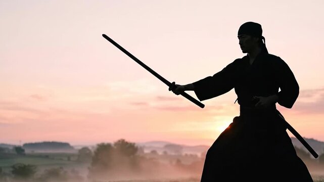 Samurai Warrior Practicing Katana Sword Slashing at Sunset 4K Video