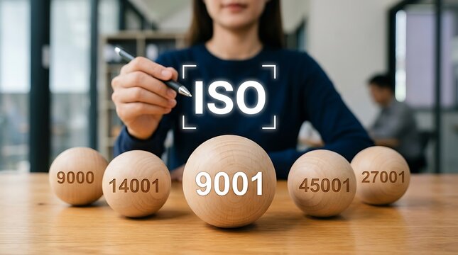 Businesswoman selecting ISO certification standards. Professional choosing quality management.